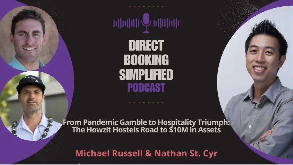 Michael Russell and Nathan St. Cyr featured on the Direct Booking Simplified Podcast discussing Howzit Hostels' $10M hospitality success.