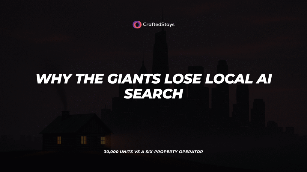 Local AI search blog hero, a small lit cabin in front of a dark corporate skyline