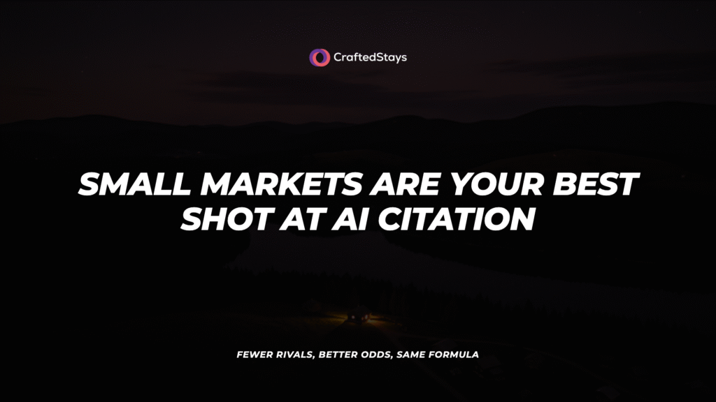 AI search visibility in small markets blog hero, a lone cabin glowing warm in dark hills at dusk