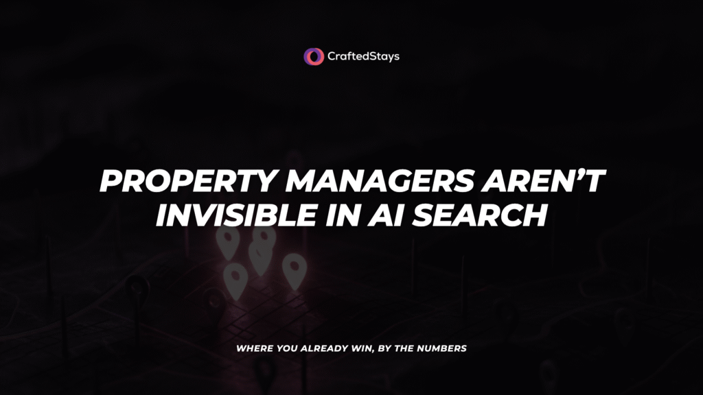 Property managers aren't invisible in AI search blog hero, glowing map pins lighting up across a dark travel map
