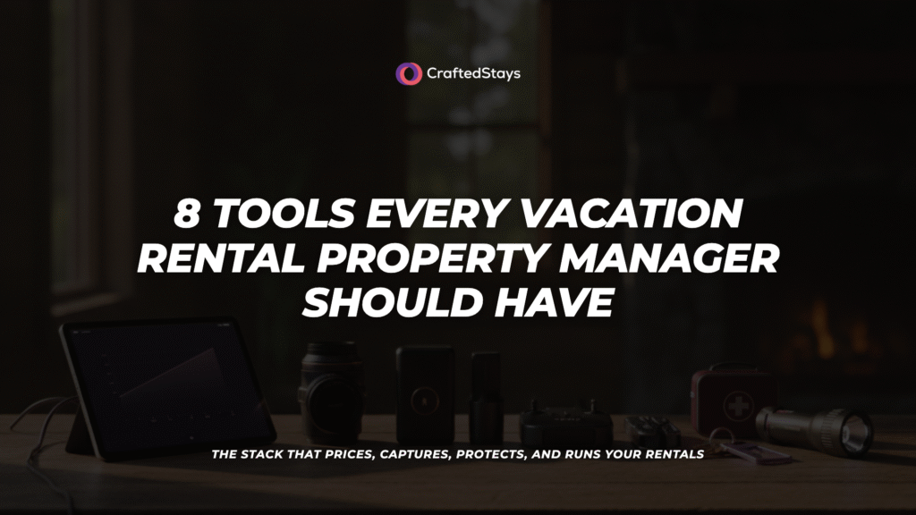 Eight tools for vacation rental property managers arranged on a workbench